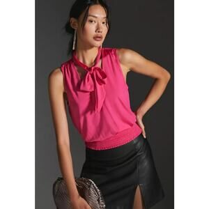 ANTHROPOLOGY Hot Pink Tie Neck Bow Sleeveless Tank Top Blouse Size Extra Small